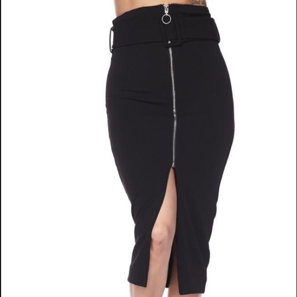 LAST ONE High Waist Belted Front Zipper Midi Skirt - Picture 2 of 8